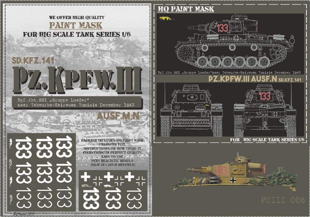 HQ-JPIII006 1/6 Panzer III Ausf.N SpZ.Abt.501 Gruppe Leader Tunisia 42 Paint Mask