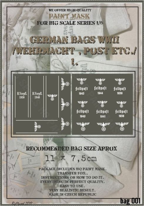 HQ-BAG6001 1/6 11 x 7,5cm WWII German Bags /Wehrmacht,Post,etc/ paint mask