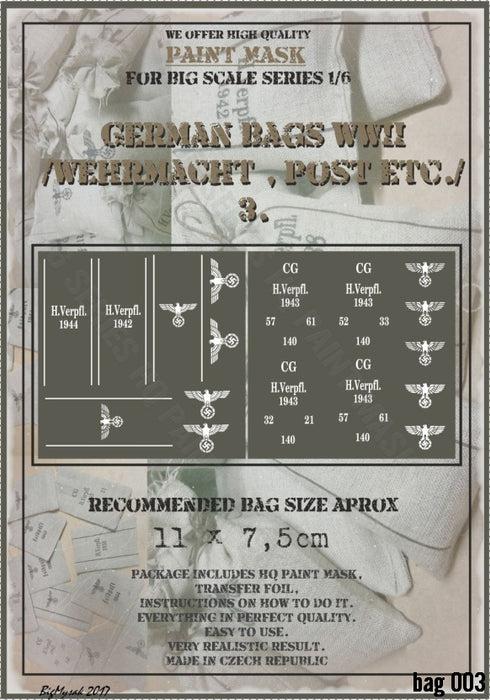 HQ-BAG6003 1/6 11 x 7,5cm WWII German Bags /Wehrmacht,Post,etc/ paint mask