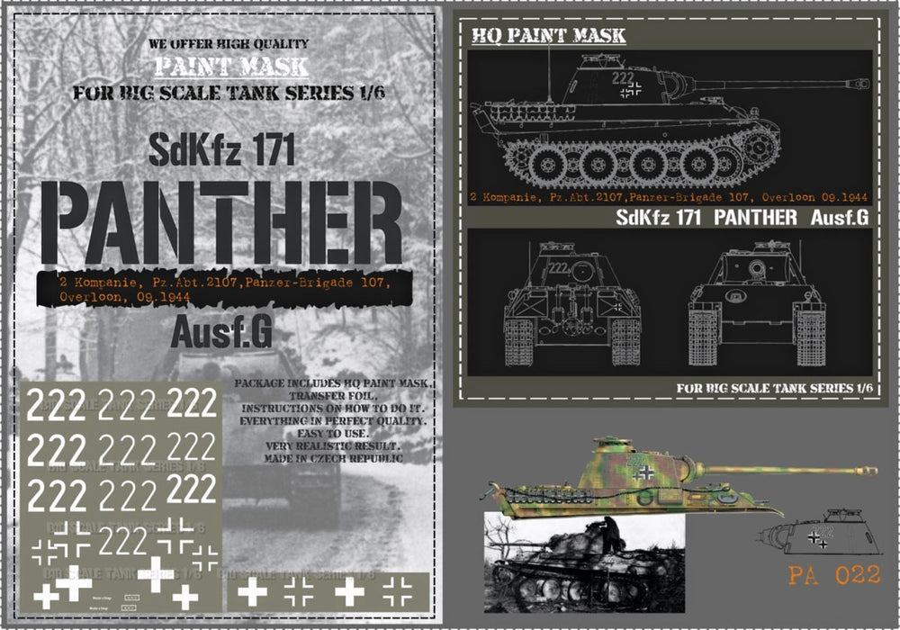 HQ-PA022 1/6 Panther G 2. Komp. Pz.Abt.2107 Pz-Brigade 107 Overloon 09.1944 Paint Mask