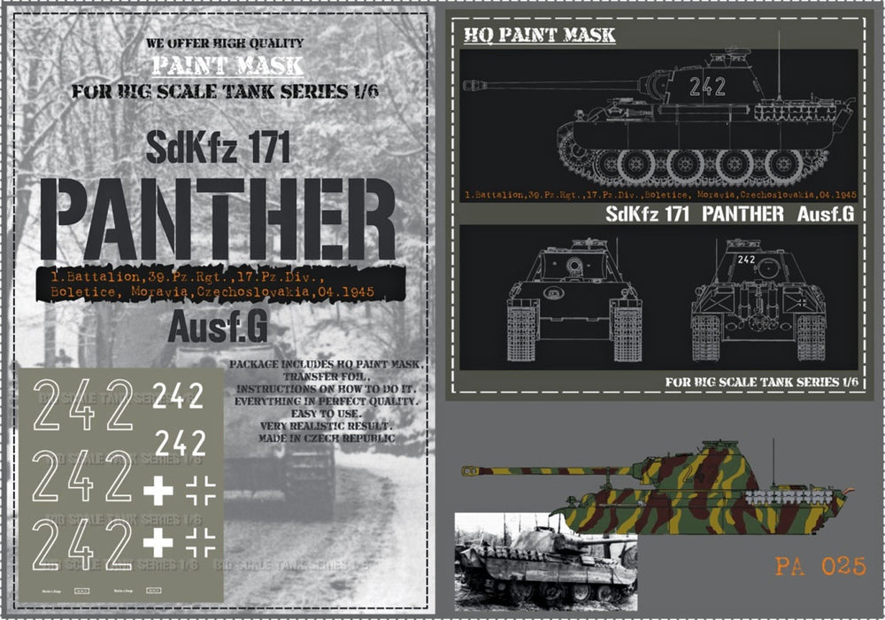 HQ-PA025 1/6 Panther G 1. Battalion 39.Pz.Rgt. 17.Pz.Div. Boletice Moravia Czech 04.1945 Paint Mask