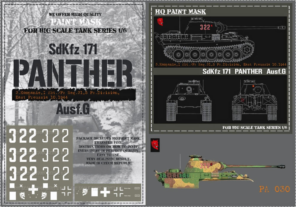 HQ-PA030 1/6 Panther G 3.Komp. I Abt./Pz.Reg.31 5 Pz.Div. East Prussia 10.1944 Paint Mask