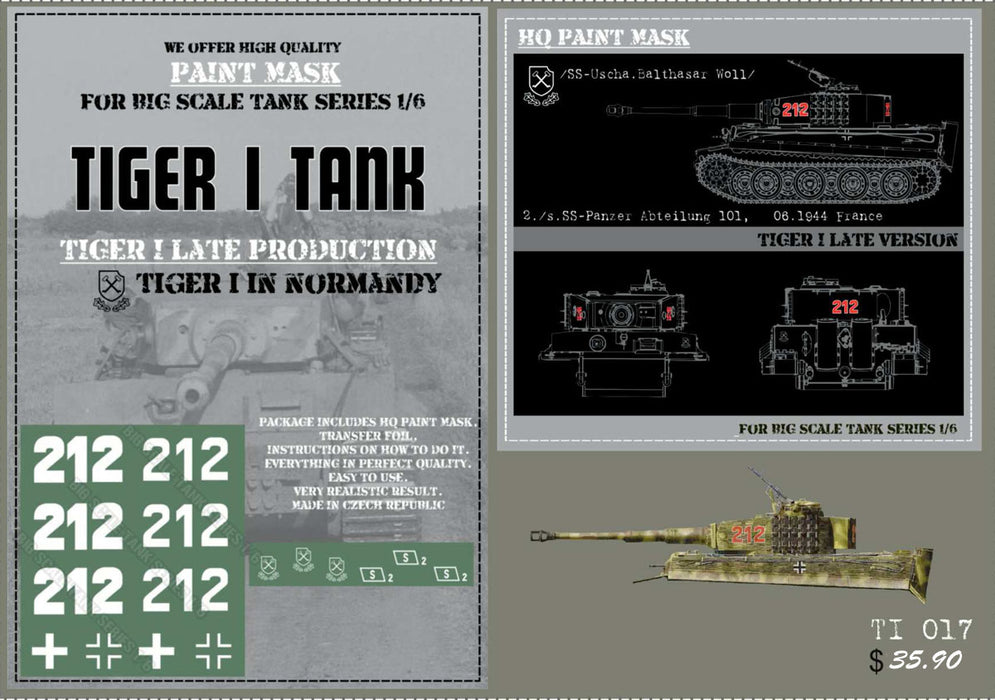 HQ-TI017 1/6 Tiger I #212 Late Production 2./s.SS-Pz.Abt.101 06.1944 Normandy Paint Mask