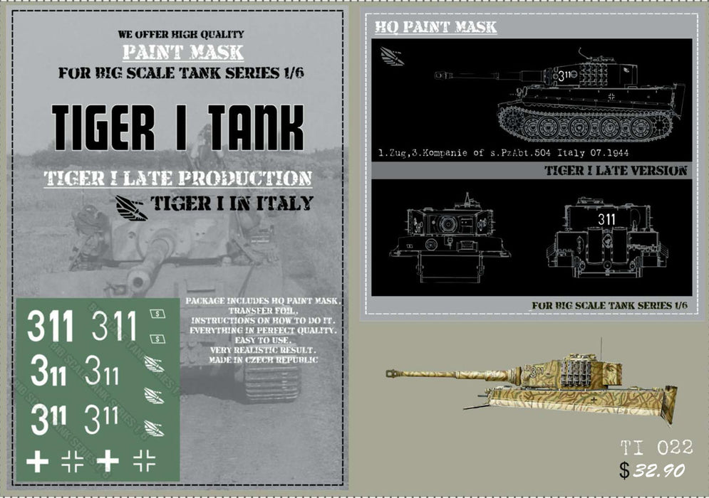 HQ-TI022 1/6 Tiger I #311 Late Production 1.Zug. 3.Kompanie of s.Pz.Abt.504  Italy 07.1944 Paint Mask