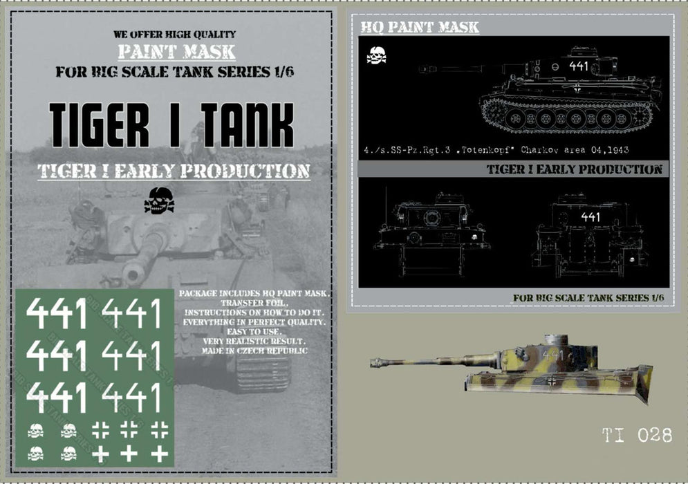 HQ-TI028 1/6 Tiger I #441 Early Production 4./s.SS-Pz.Rgt.3 'Totenkopft' Charkov area 04.1943 Paint Mask